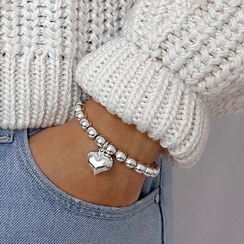 Sterling silver 8mm ball size heart charm elastic bracelet