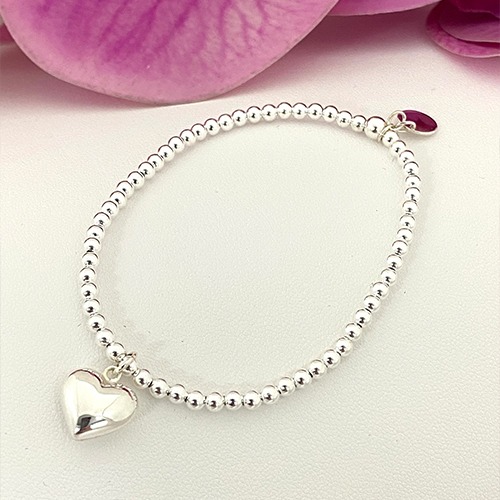 Sterling silver elastic heart charm ball bracelet - Image 2