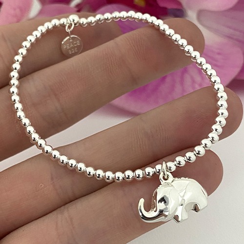 Sterling silver elastic African elephant charm ball bracelet