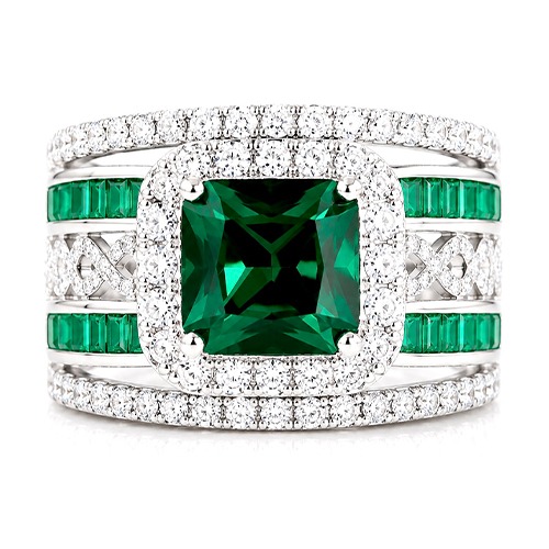 Sterling silver Steph design emerald green cubic zirconia band ring 15mm wide