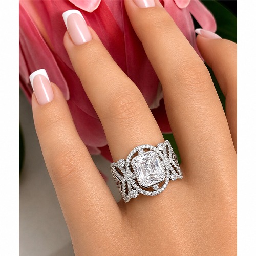 Sterling silver Berna design detailed rectangular white cubic zirconia ring 16mm wide - Image 2