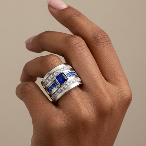 Sterling silver blue tanzanite square cubic zirconia band ring 17mm wide