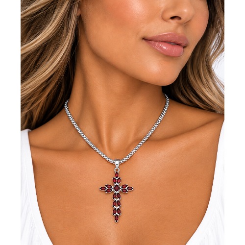 Sterling silver Amelia design red ruby cubic zirconia cross pendant 55mm long - Image 2
