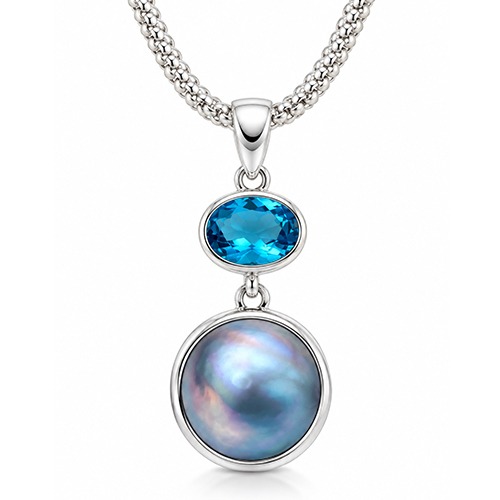 Sterling silver blue Mabe pearl & aquamarine gemstone drop design pendant 40mm long