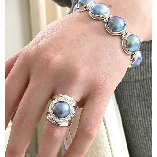 Sterling silver Ava design blue mabe pearl cubic zirconia wide ring 25mm wide