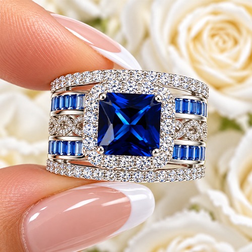 Sterling silver Steph design blue tanzanite cubic zirconia band ring 15mm wide - Image 2