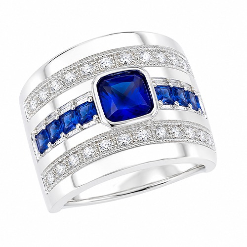 Sterling silver Anna modern design square blue tanzanite cubic zirconia band ring 17mm wide