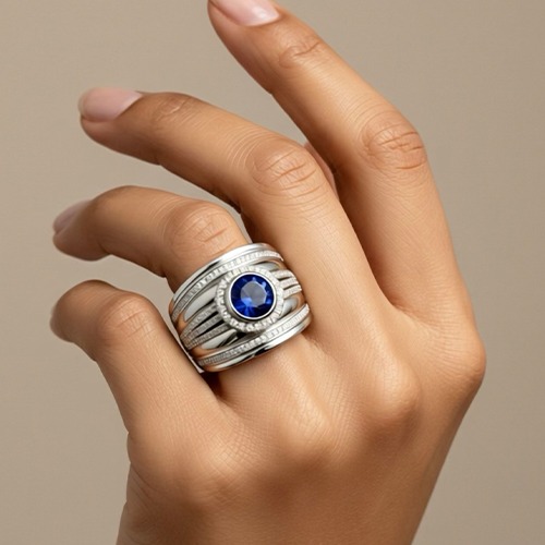 Sterling silver classic blue tanzanite round cubic zirconia band ring 18mm wide