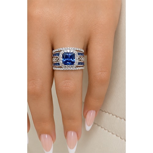 Sterling silver Steph design blue tanzanite cubic zirconia band ring 15mm wide - Image 4