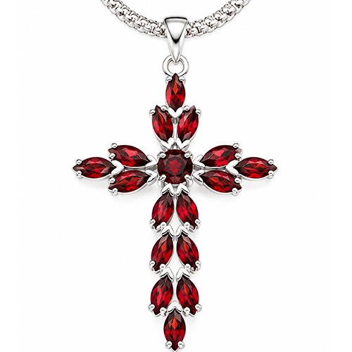 Sterling silver Amelia design red ruby cubic zirconia cross pendant 55mm long