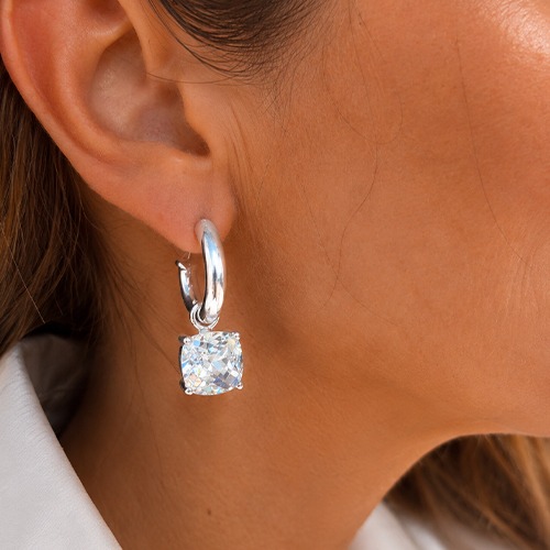 Sterling silver bulky square cubic zirconia drop pretty women earrings 38mm