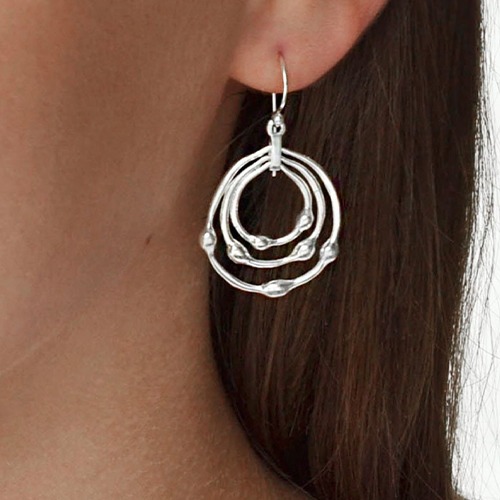 Sterling silver triple circle water droplet design hanging earrings 40mm long