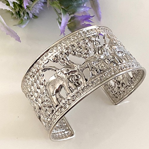 Sterling silver elephant pattern solid cuff bangle 35mm wide