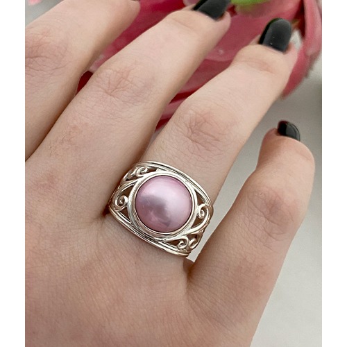 Sterling silver classic pink mabe pearl fillagree band ring 17mm wide