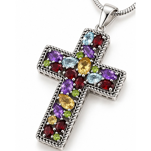 Sterling silver Brenda design multicolour Gemstone large bulky cross pendant 70mm size