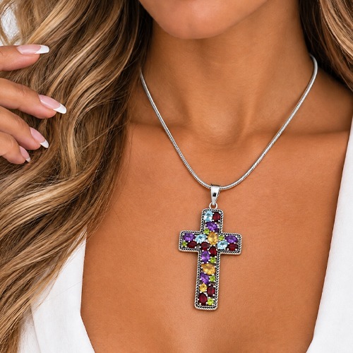 Sterling silver Brenda design multicolour Gemstone large bulky cross pendant 70mm size - Image 3