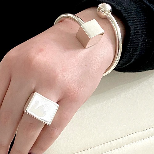 Sterling silver abstract bulky square and ball open bangle
