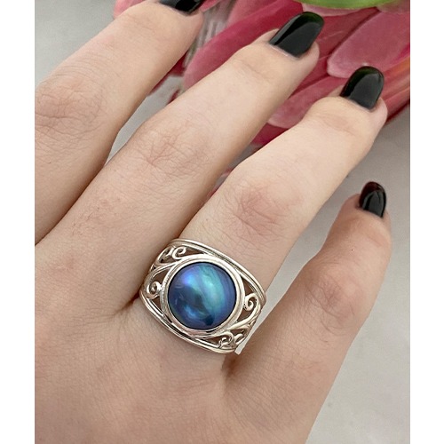 Sterling silver classic blue mabe pearl fillagree band ring 17mm wide