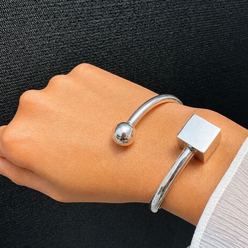 Sterling silver abstract bulky square and ball open bangle