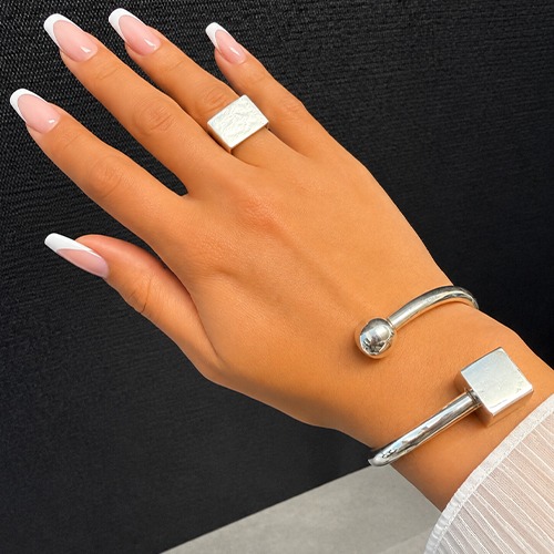 Sterling silver abstract bulky square and ball open bangle - Image 2