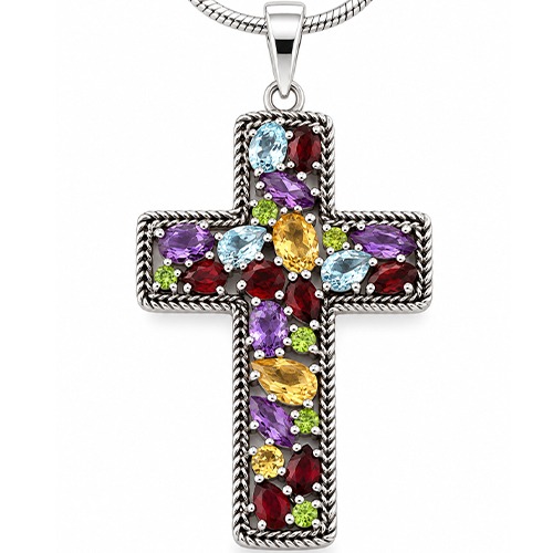 Sterling silver Brenda design multicolour Gemstone large bulky cross pendant 70mm size - Image 2