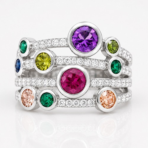 Sterling silver funky mom design multicolour cubic zirconia band ring 16mm wide