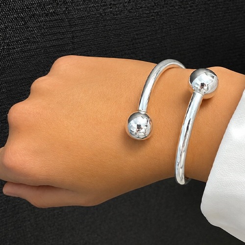 Sterling silver bulky double ball open bangle