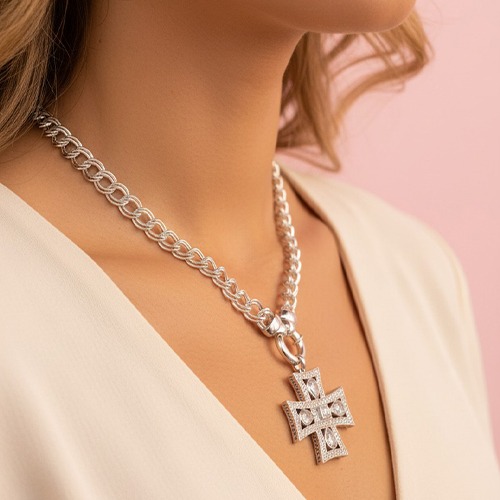 Sterling silver double curb link necklace 8mm wide with Jenna cross pendant - Image 2
