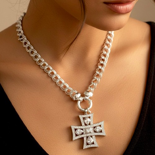 Sterling silver double curb link necklace 8mm wide with Jenna cross pendant