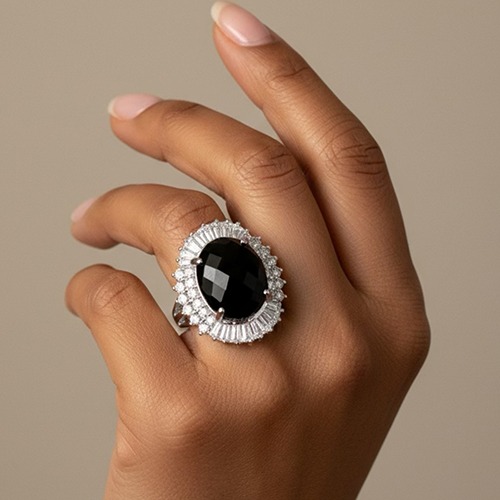 Sterling silver black oval cubic zirconia princess style design ring 22mm wide