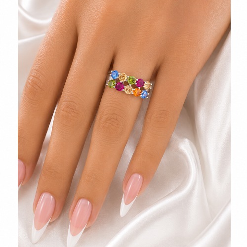 Sterling silver Elizabeth design multicolour cubic zirconia double row band ring 9mm wide - Image 3