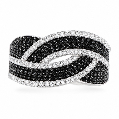 Sterling silver Nala design black & white cubic zirconia band ring 11mm wide