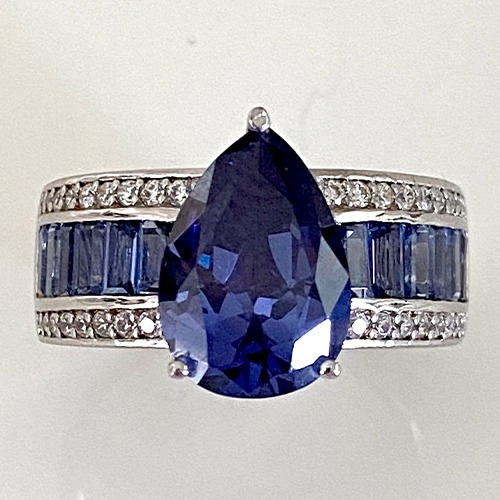 Sterling silver blue tanzanite teardrop cubic zirconia baguette band ring 15mm wide