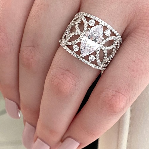 Sterling silver detailed marquise cubic zirconia band ring 18mm wide