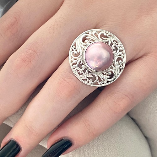 Sterling silver fillagree frame pink Mabe pearl ring 26mm wide