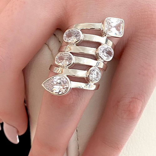 Sterling silver abstract design solid silver multiple shapes cubic zirconia ring 35mm wide