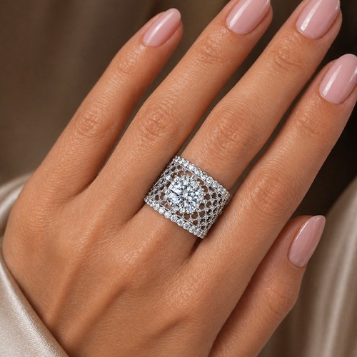Sterling silver Mila design cubic zirconia band ring 16mm wide
