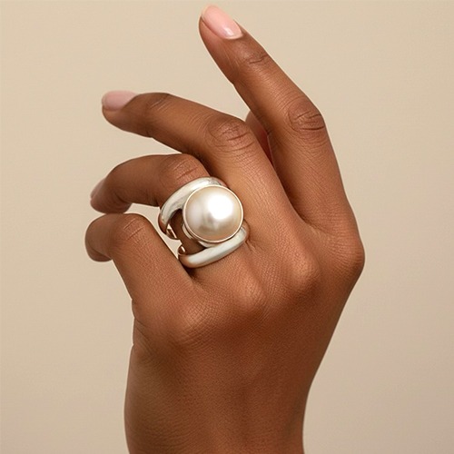 Sterling silver double band white Mabe pearl ring 20mm wide