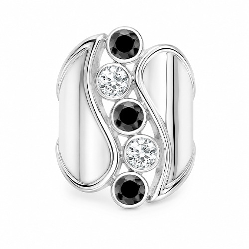 Sterling silver Eva design black & white cubic zirconia bulky wave design ring 28mm wide