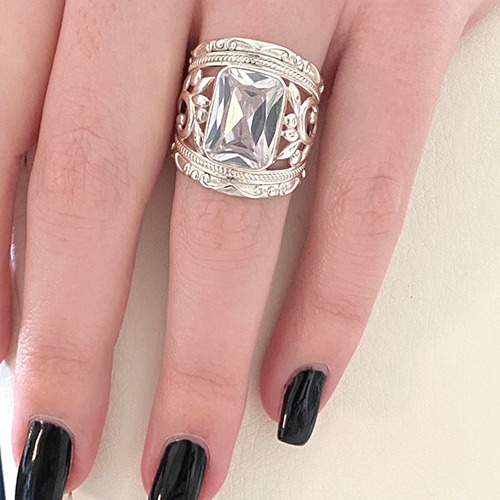 Sterling silver bold rectangular cubic zirconia wide pattern band ring 28mm wide