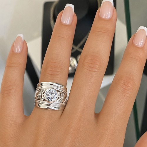 Sterling silver Ancilla design fillagree cubic zirconia band ring 18mm wide - Image 4