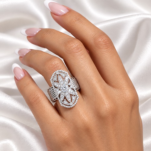 Sterling silver Joanie design ornate flower pattern cubic zirconia ring 18mm wide