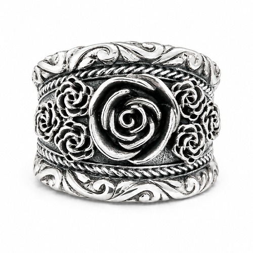 Sterling silver intricate roses pattern band ring 16mm wide