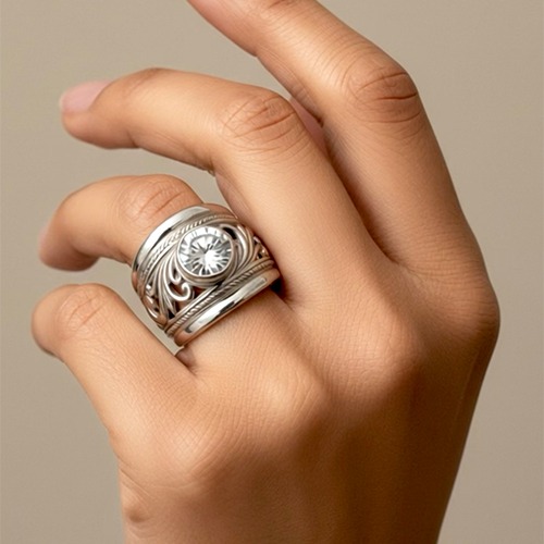 Sterling silver Ancilla fillagree band cubic zirconia ring 18mm wide