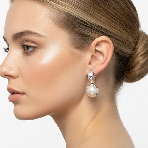 Sterling silver bulky hoop white mabe pearl pretty women earrings 40mm long