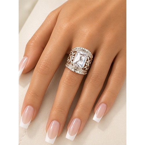 Sterling silver Camila design bold rectangular cubic zirconia wide pattern band ring 28mm wide - Image 4