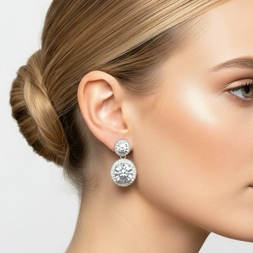 Sterling silver elegant double oval cubic zirconia stone stud earrings 25mm long