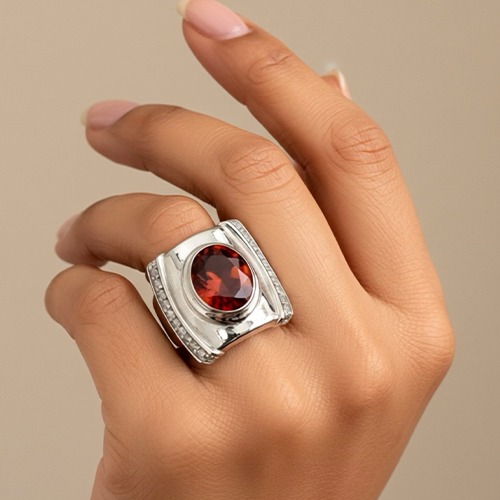 Sterling silver Aria design red oval cubic zirconia ring 20mm wide