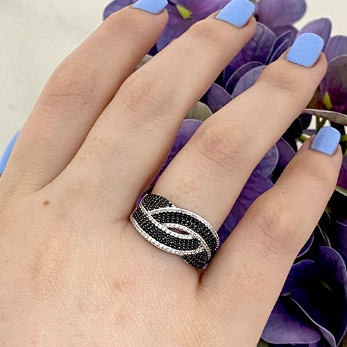 Sterling silver black & white cubic zirconia wave design band ring 11mm wide