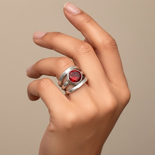 Sterling silver classic triple band red cubic zirconia band ring 16mm wide
